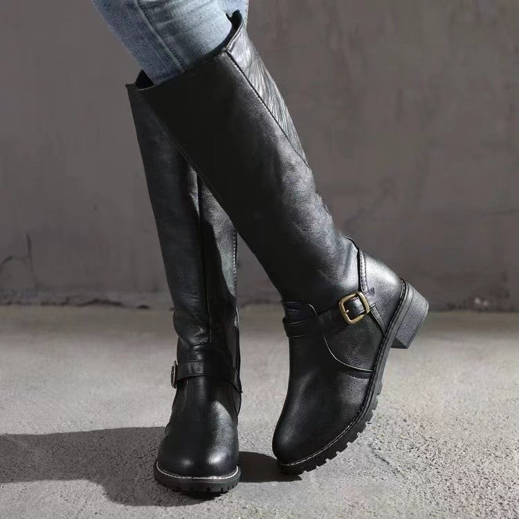 Pauline | Womens Leather Knee High Biker Boots Heeled Riding Footwear