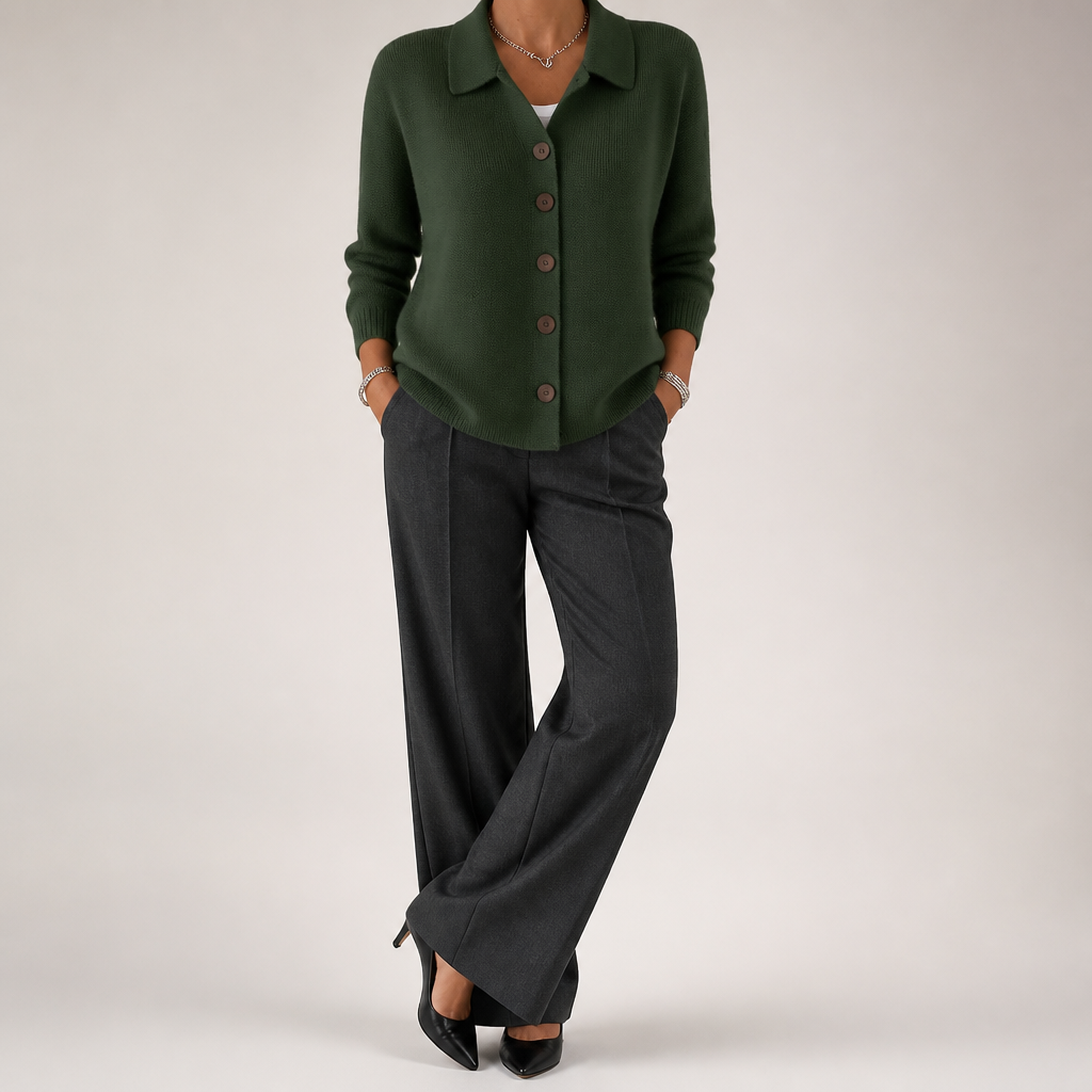 Peggy | Womens Fold Over Collar Button Front Knit Cardigan Sweater Coat, Army Green