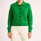 Peggy | Womens Fold Over Collar Button Front Knit Cardigan Sweater Coat, Emerald Green