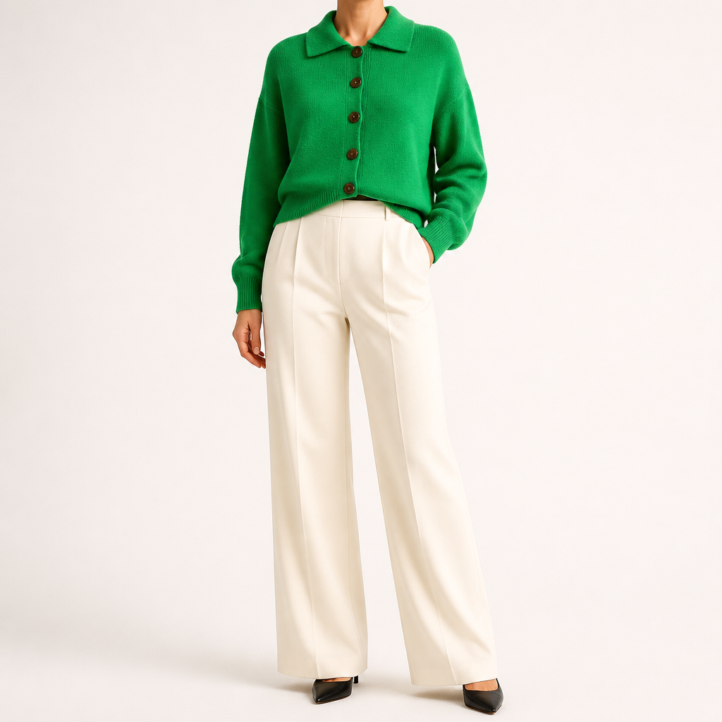 Peggy | Womens Fold Over Collar Button Front Knit Cardigan Sweater Coat, Emerald Green