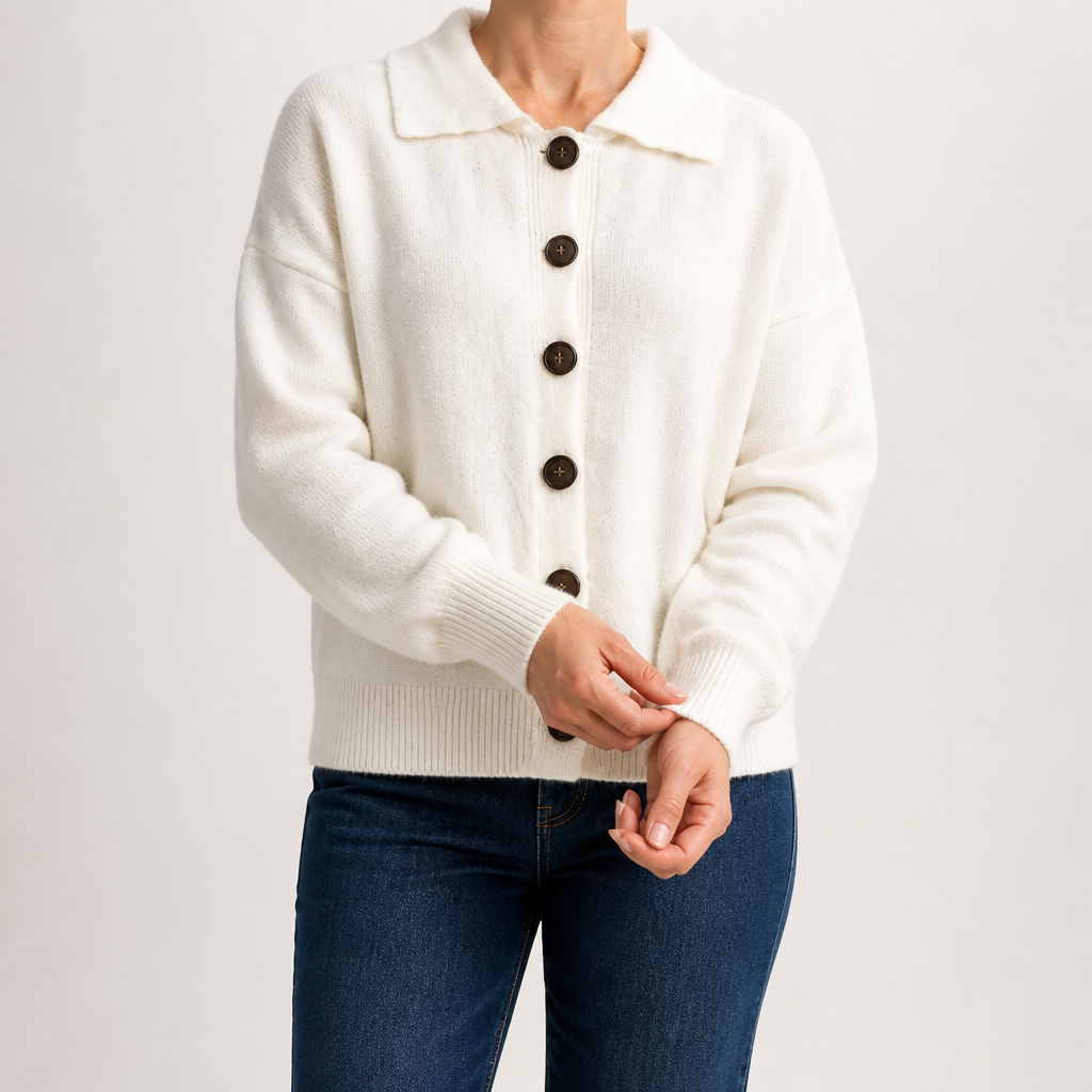 Peggy | Womens Fold Over Collar Button Front Knit Cardigan Sweater Coat, White