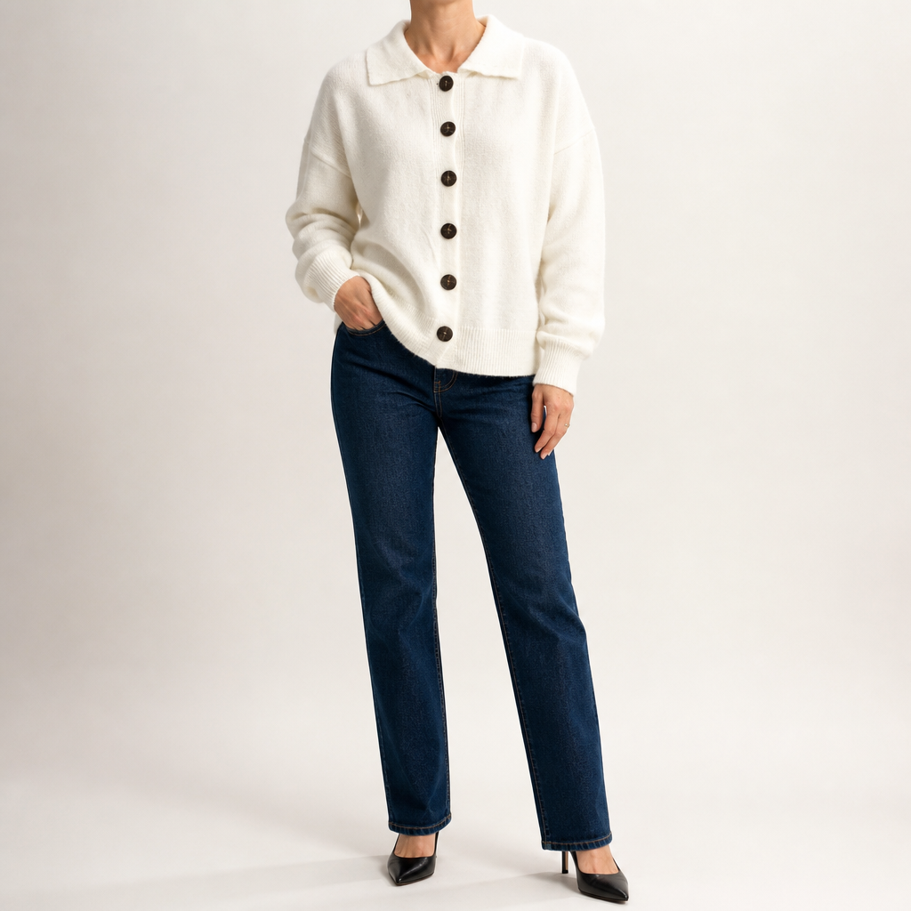 Peggy | Womens Fold Over Collar Button Front Knit Cardigan Sweater Coat, White