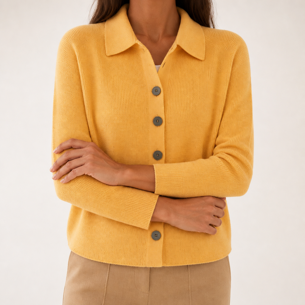 Peggy | Womens Fold Over Collar Button Front Knit Cardigan Sweater Coat, Yellow