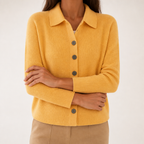 Peggy | Womens Fold Over Collar Button Front Knit Cardigan Sweater Coat, Yellow