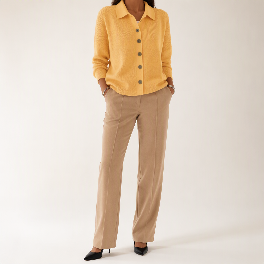 Peggy | Womens Fold Over Collar Button Front Knit Cardigan Sweater Coat, Yellow