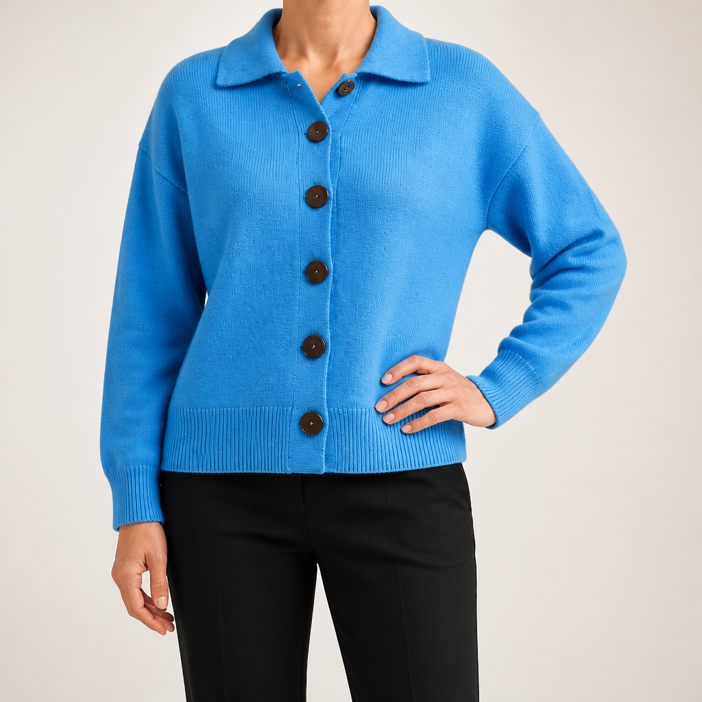 Peggy | Womens Fold Over Collar Button Front Knit Cardigan Sweater Coat, Blue