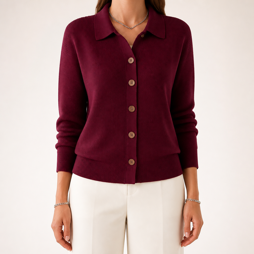 Peggy | Womens Fold Over Collar Button Front Knit Cardigan Sweater Coat, Wine Red