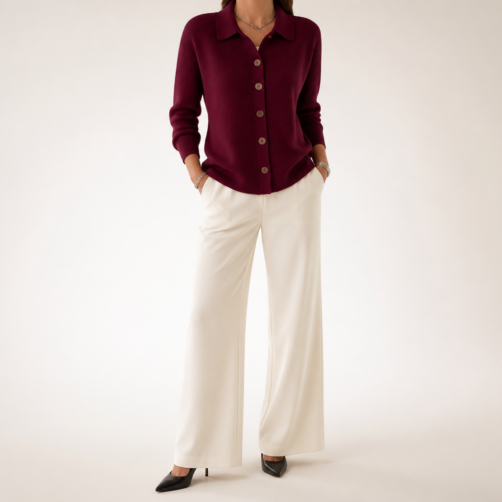 Peggy | Womens Fold Over Collar Button Front Knit Cardigan Sweater Coat, Wine Red