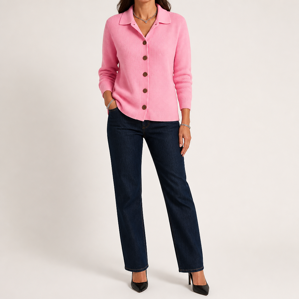 Peggy | Womens Fold Over Collar Button Front Knit Cardigan Sweater Coat, Pink