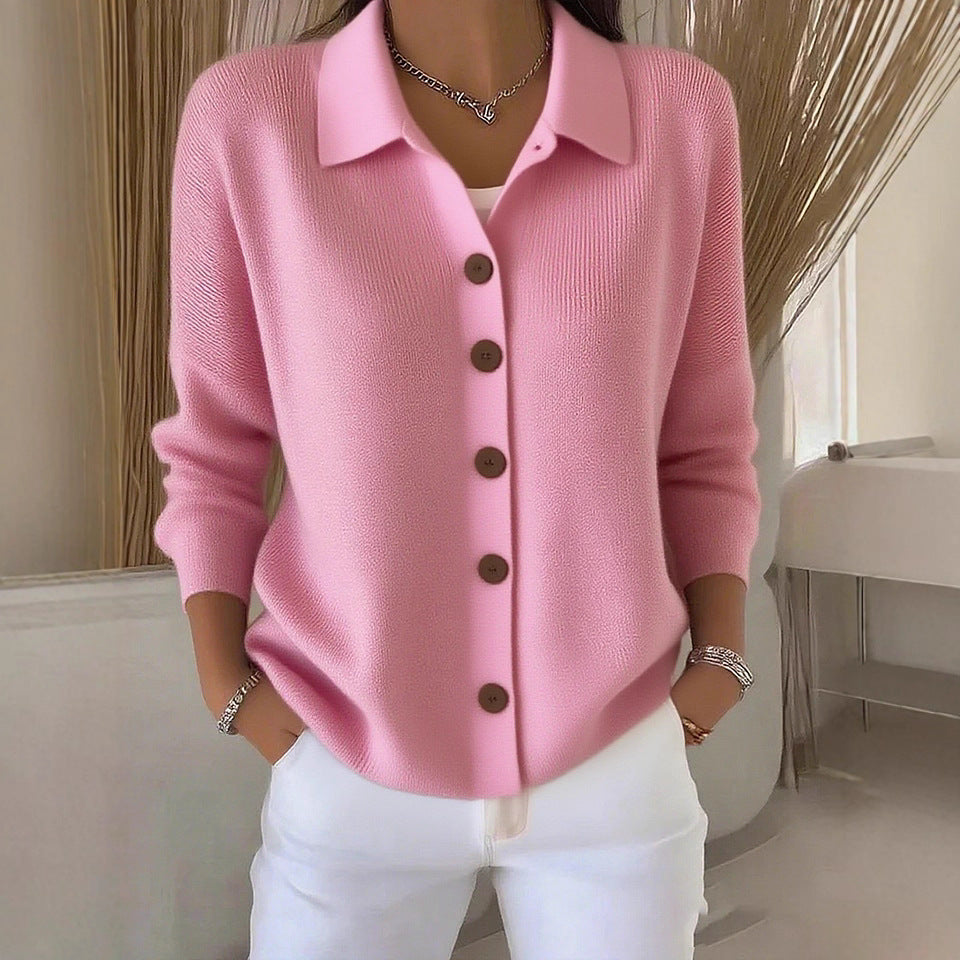 Peggy | Womens Fold Over Collar Button Front Knit Cardigan Sweater Coat, Pink