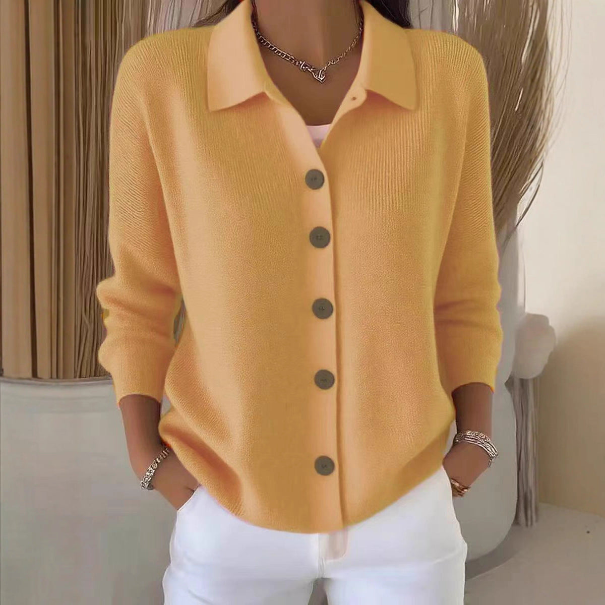 Peggy | Womens Fold Over Collar Button Front Knit Cardigan Sweater Coat, Yellow