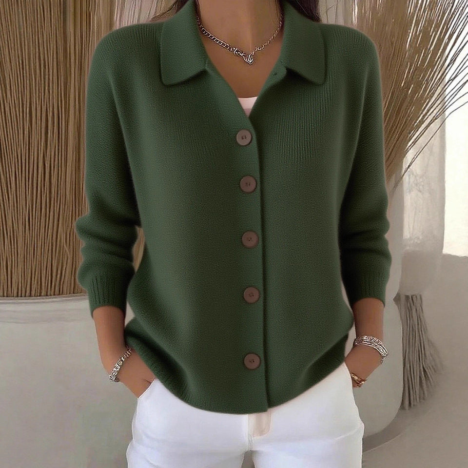 Peggy | Womens Fold Over Collar Button Front Knit Cardigan Sweater Coat, Army Green