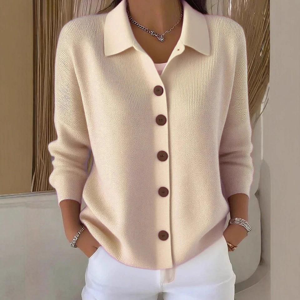 Peggy | Womens Fold Over Collar Button Front Knit Cardigan Sweater Coat, Apricot