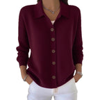 Peggy | Womens Fold Over Collar Button Front Knit Cardigan Sweater Coat, Wine Red