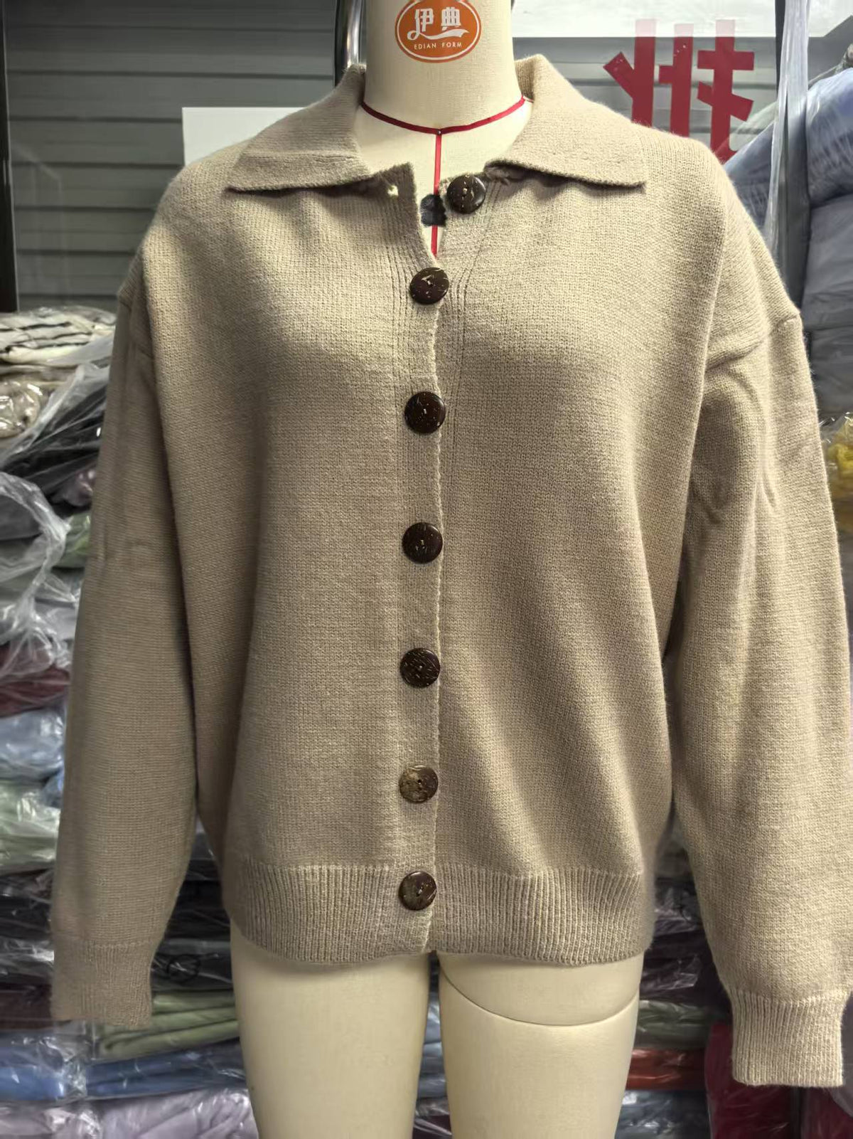 Peggy | Womens Fold Over Collar Button Front Knit Cardigan Sweater Coat, Khaki