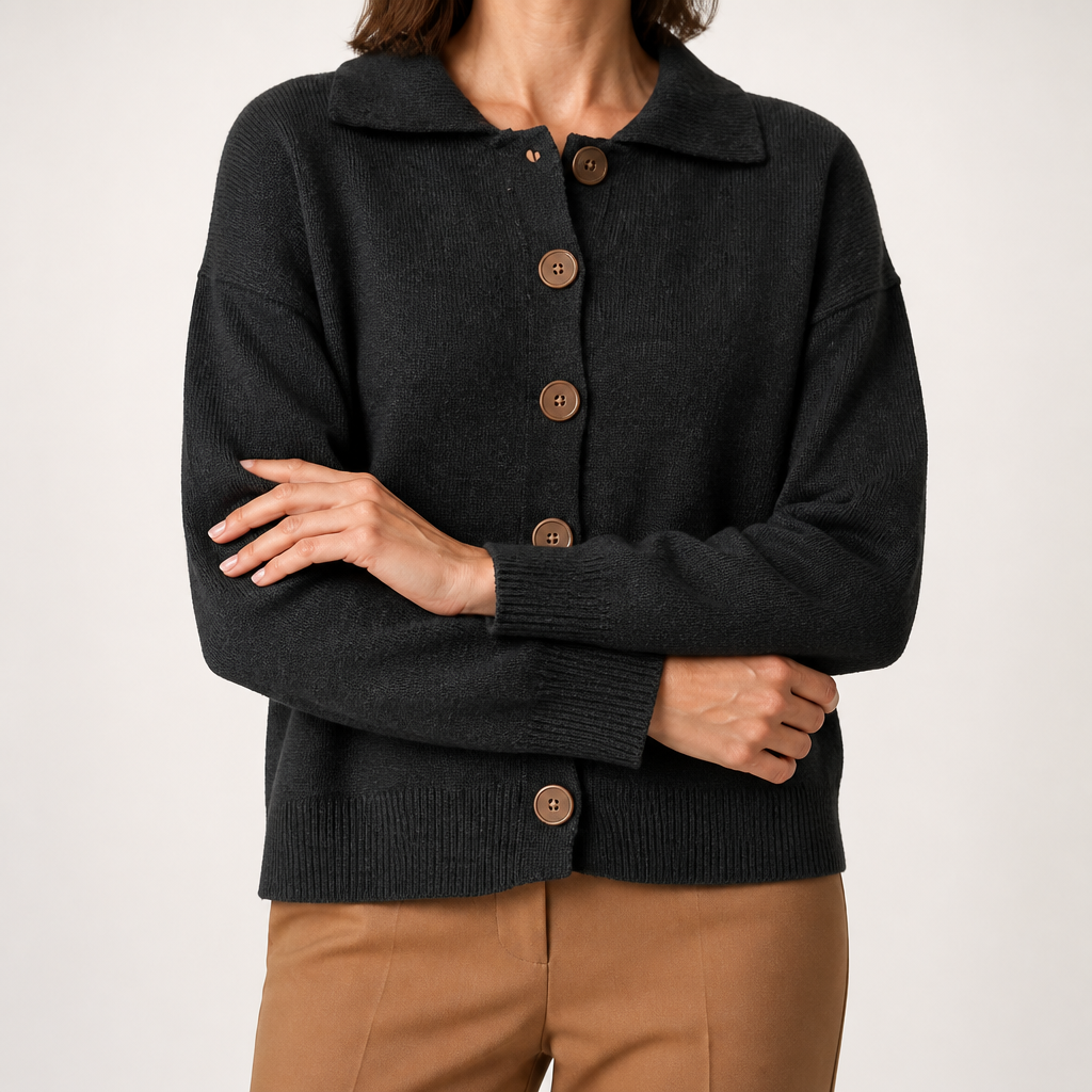 Peggy | Womens Fold Over Collar Button Front Knit Cardigan Sweater Coat, Black