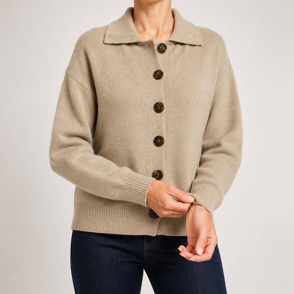 Peggy | Womens Fold Over Collar Button Front Knit Cardigan Sweater Coat, Khaki