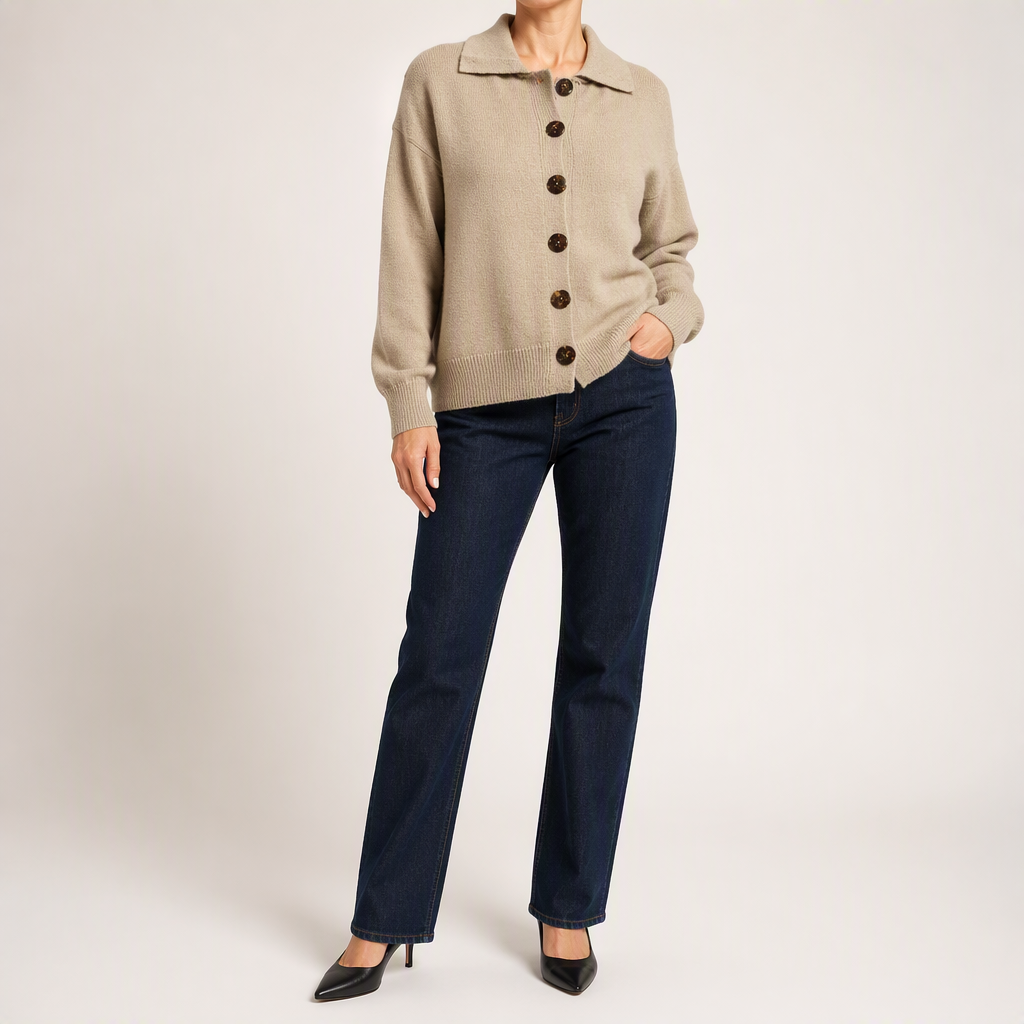 Peggy | Womens Fold Over Collar Button Front Knit Cardigan Sweater Coat, Khaki
