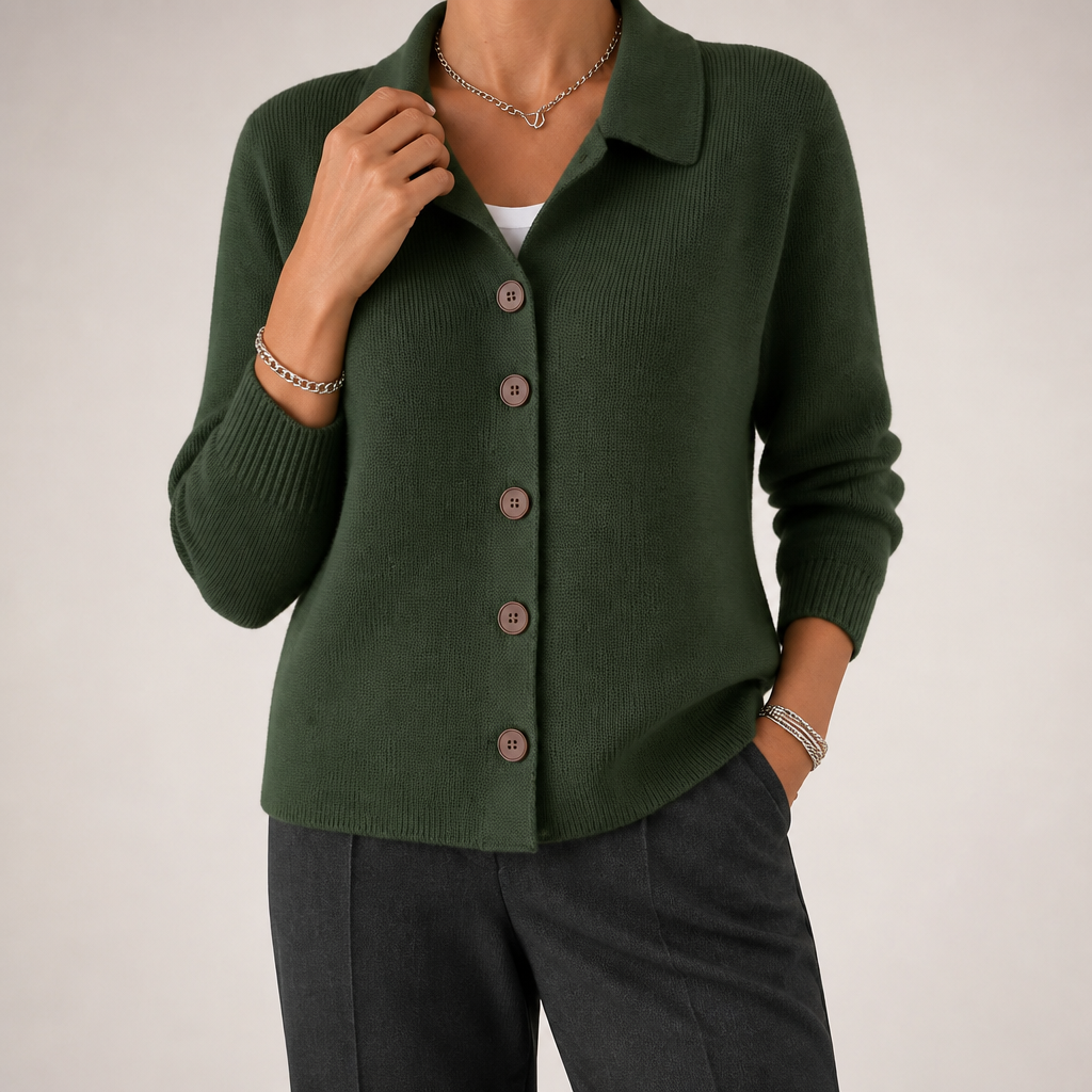Peggy | Womens Fold Over Collar Button Front Knit Cardigan Sweater Coat, Army Green