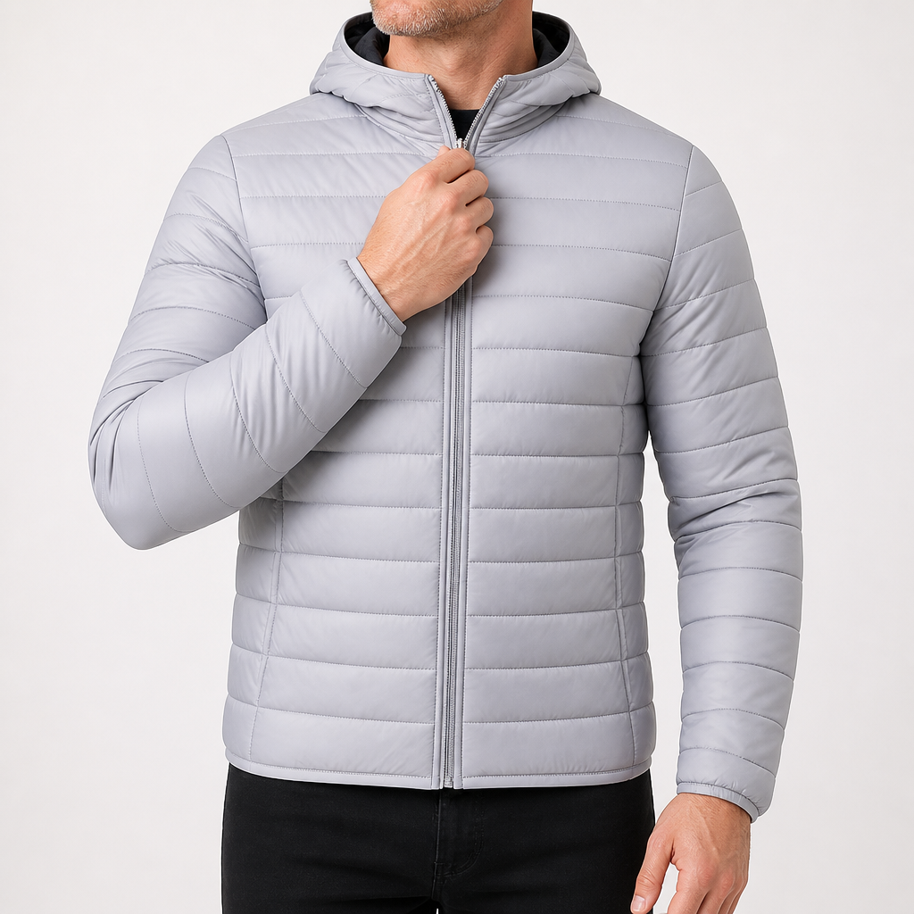Peter | Mens Hooded Puffer Jacket Padded Cotton Winter Lightweight Coat, Light Grey