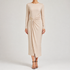 Petra | Womens Wedding Guest Long Sleeve Bodycon Midi Prom Dress, Cream White