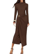 Petra | Wedding Guest Long Sleeve Bodycon Midi Dress Prom Knit Bridesmaid - Dark Brown