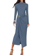 Petra | Wedding Guest Long Sleeve Bodycon Midi Dress Prom Knit Bridesmaid - Peacock Blue