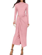 Petra | Wedding Guest Long Sleeve Bodycon Midi Dress Prom Knit Bridesmaid - Pink