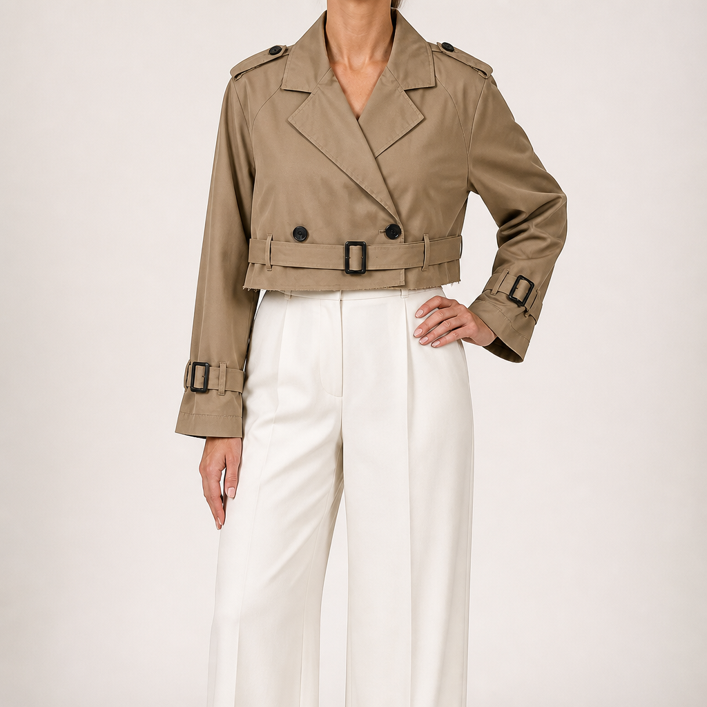 Peyton | Womens Cropped Belted Double Breasted Short Trench Coat, Dark Brown