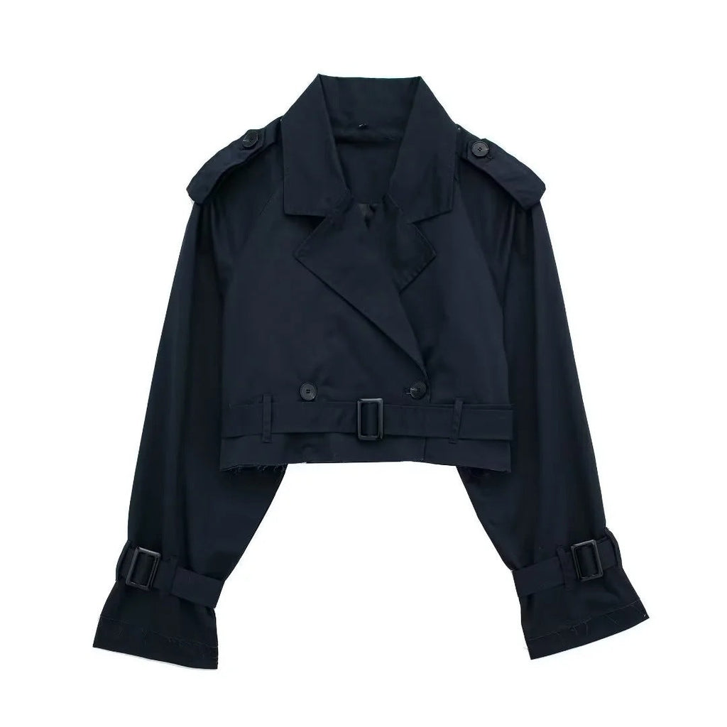 Peyton | Womens Cropped Belted Double Breasted Short Trench Coat, Black