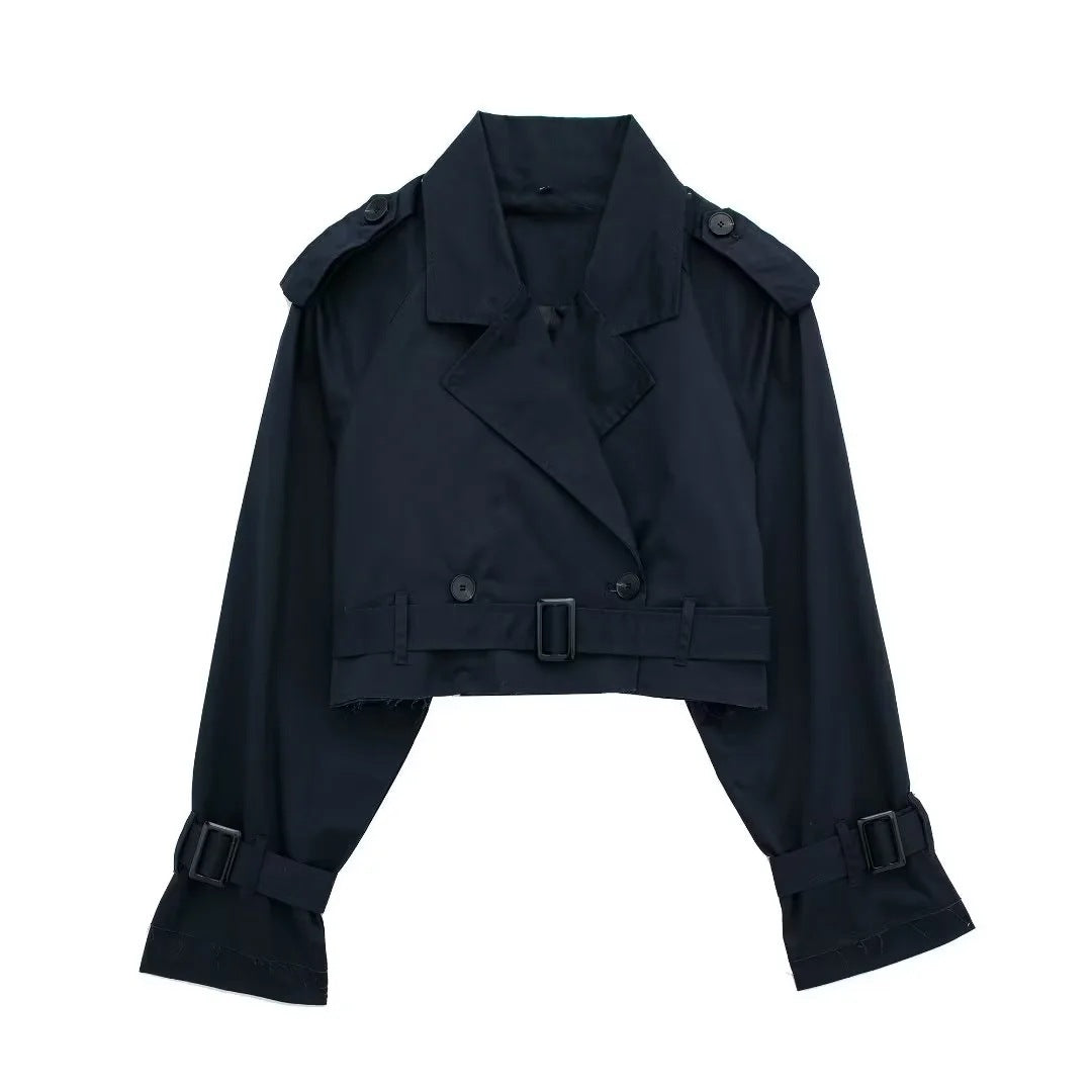 Peyton | Womens Cropped Belted Double Breasted Short Trench Coat, Black