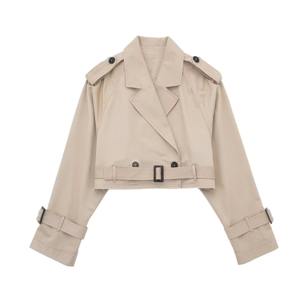 Peyton | Womens Cropped Belted Double Breasted Short Trench Coat, Khaki
