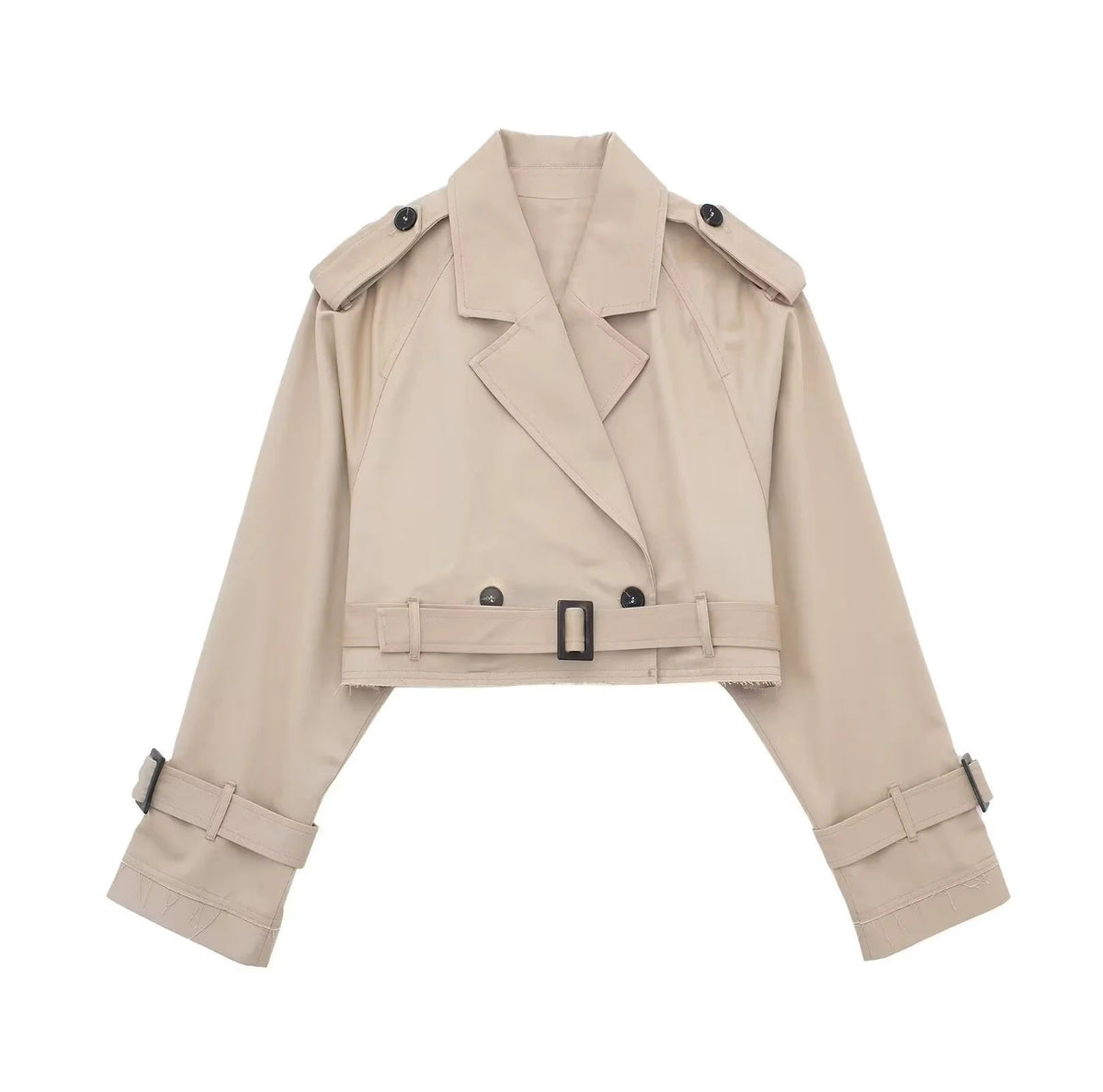Peyton | Womens Cropped Belted Double Breasted Short Trench Coat, Khaki