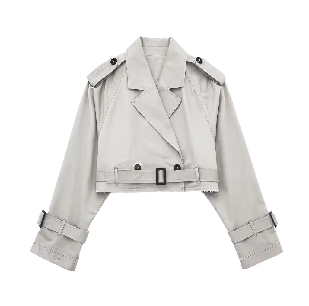 Peyton | Womens Cropped Belted Double Breasted Short Trench Coat, Light Grey