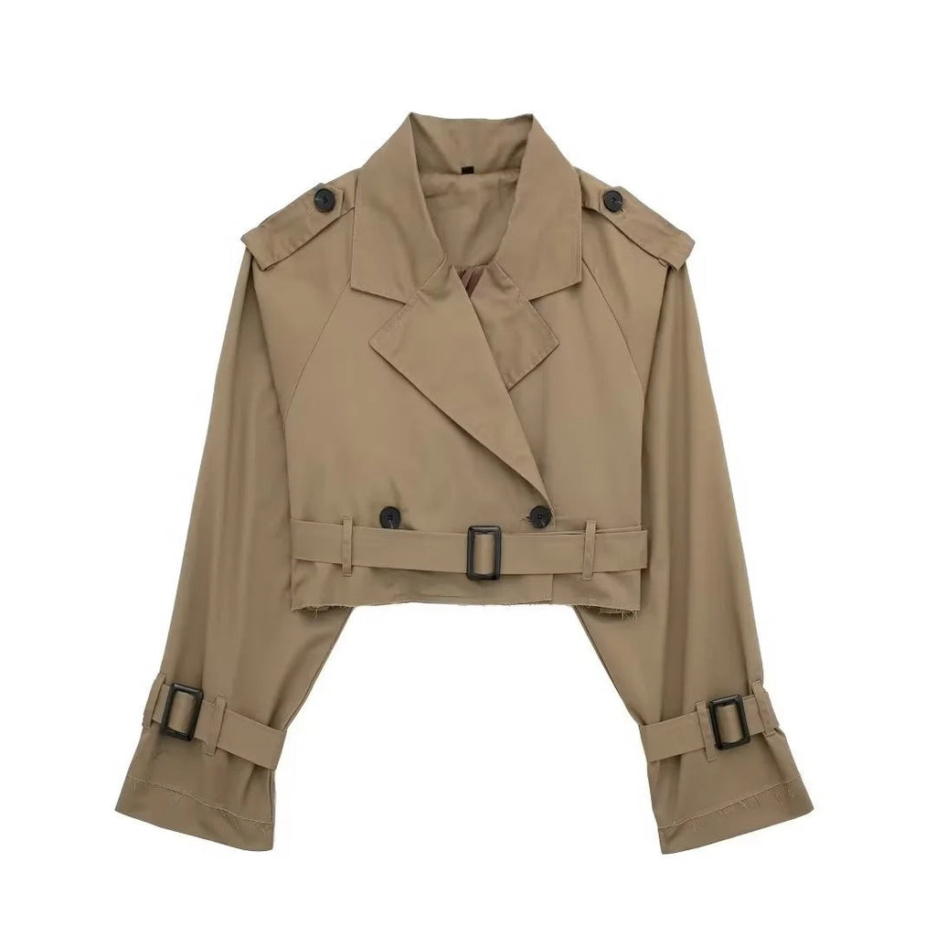 Peyton | Womens Cropped Belted Double Breasted Short Trench Coat, Dark Brown