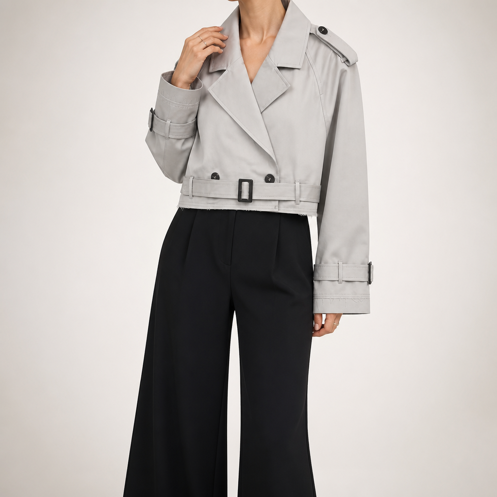 Peyton | Womens Cropped Belted Double Breasted Short Trench Coat, Light Grey