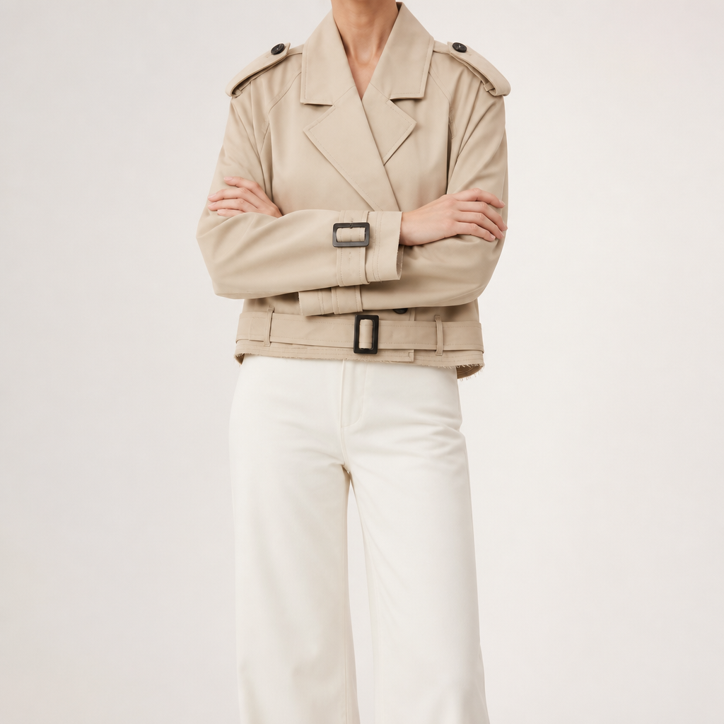 Peyton | Womens Cropped Belted Double Breasted Short Trench Coat, Khaki