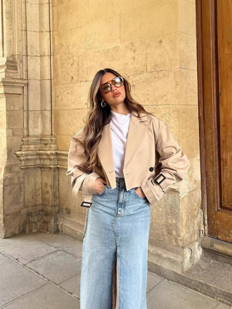 Peyton | Womens Cropped Belted Double Breasted Short Trench Coat