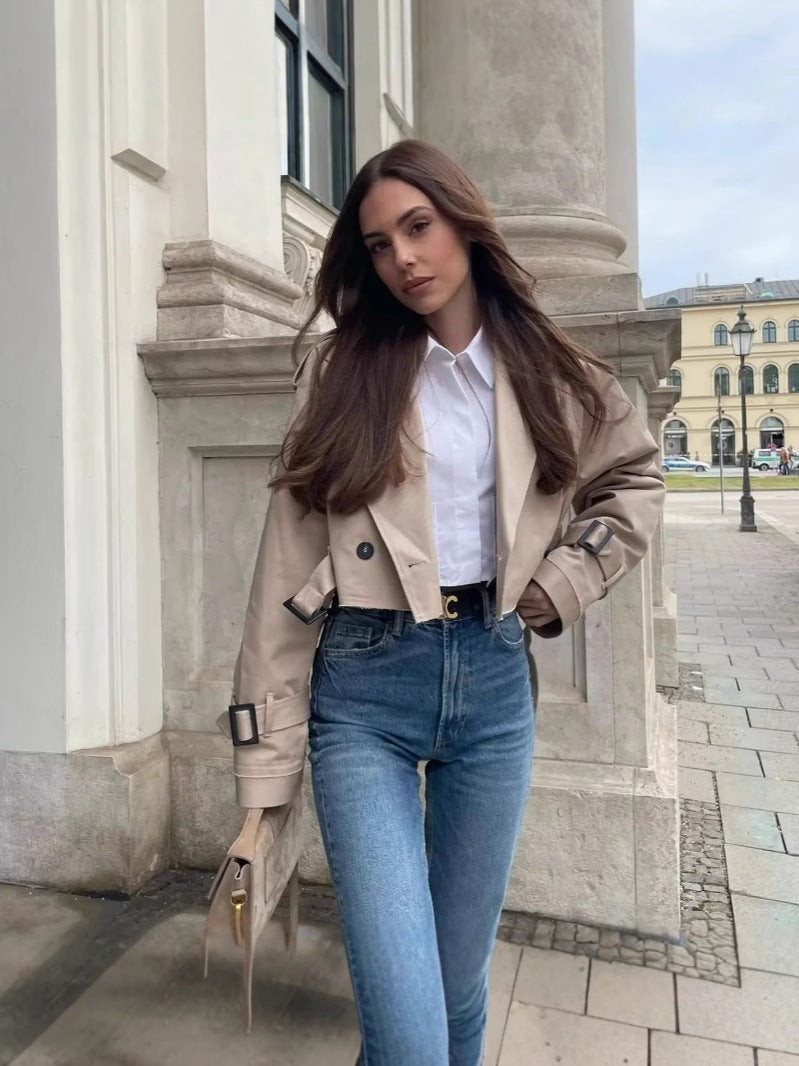 Peyton | Womens Cropped Belted Double Breasted Short Trench Coat