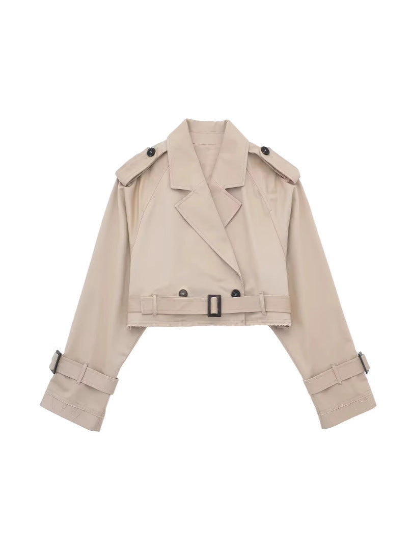 Peyton | Womens Cropped Belted Double Breasted Short Trench Coat, Khaki
