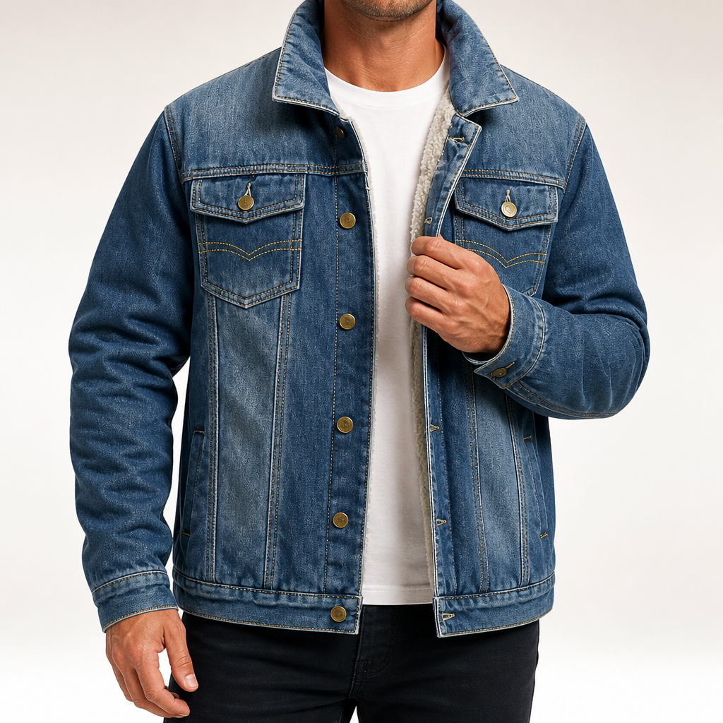 Philip | Mens Denim Jacket Fleece Lined Warm Winter Trucker Jean Coat, Dark Blue