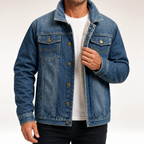 Philip | Mens Denim Jacket Fleece Lined Warm Winter Trucker Jean Coat, Dark Blue
