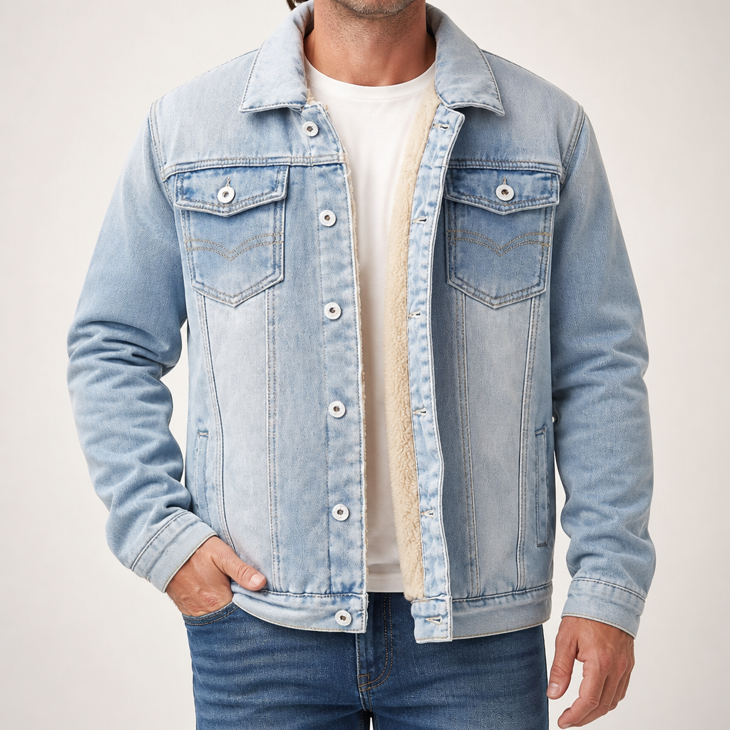 Philip | Mens Denim Jacket Fleece Lined Warm Winter Trucker Jean Coat, Light Blue