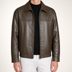 Pierce | Mens Lapel Faux Leather Autumn Down Jacket, Coffee