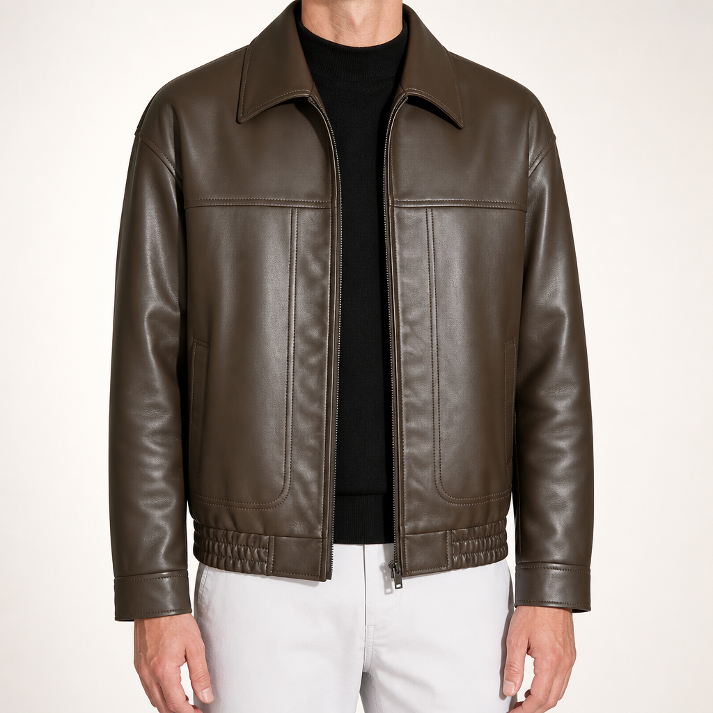 Porter | Mens Faux Leather Lapel Collar Full Zip Relaxed Moto Jacket, Coffee