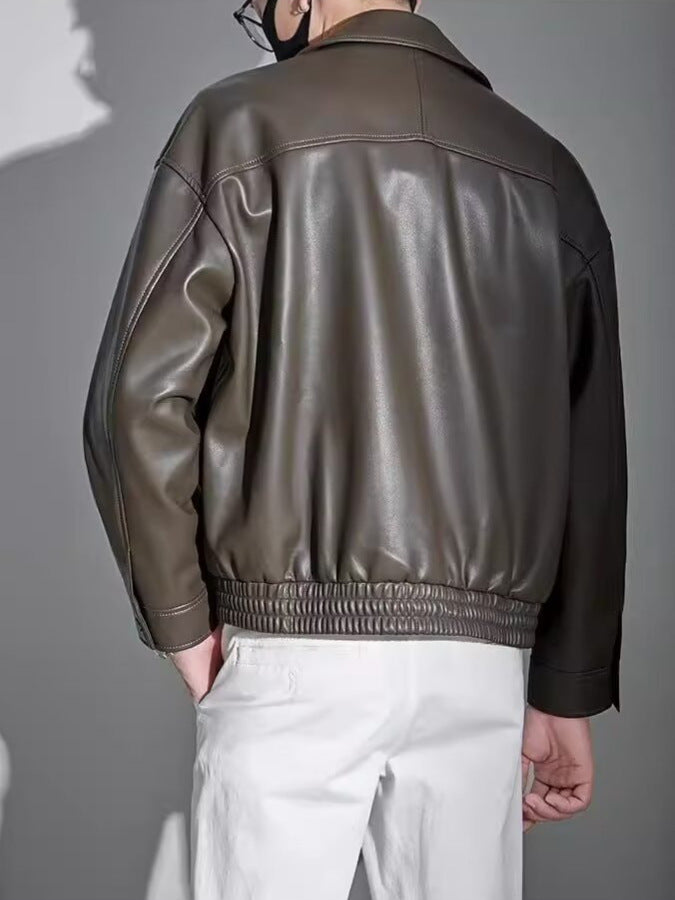 Porter | Mens Faux Leather Lapel Collar Full Zip Relaxed Moto Jacket, Coffee