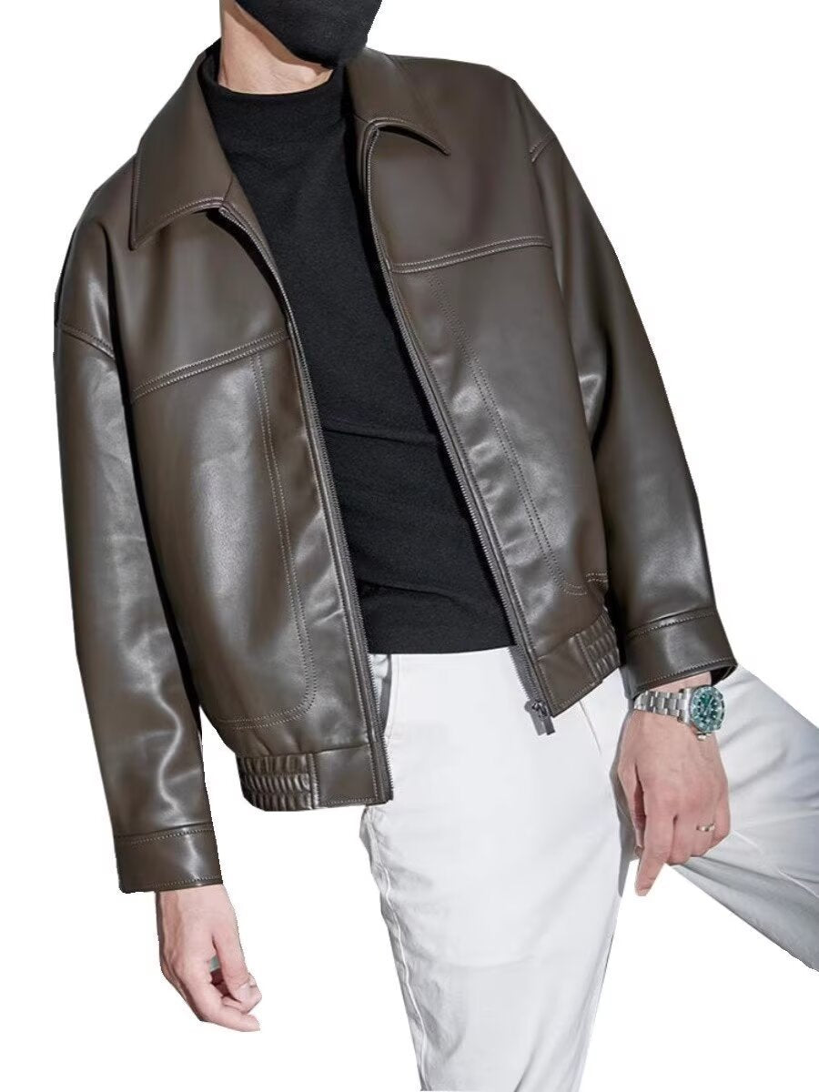 Porter | Mens Faux Leather Lapel Collar Full Zip Relaxed Moto Jacket, Coffee