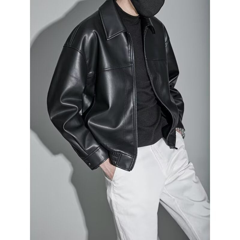 Porter | Mens Faux Leather Lapel Collar Full Zip Relaxed Moto Jacket, Black