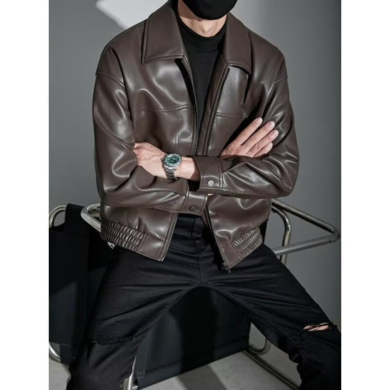 Porter | Mens Faux Leather Lapel Collar Full Zip Relaxed Moto Jacket, Coffee