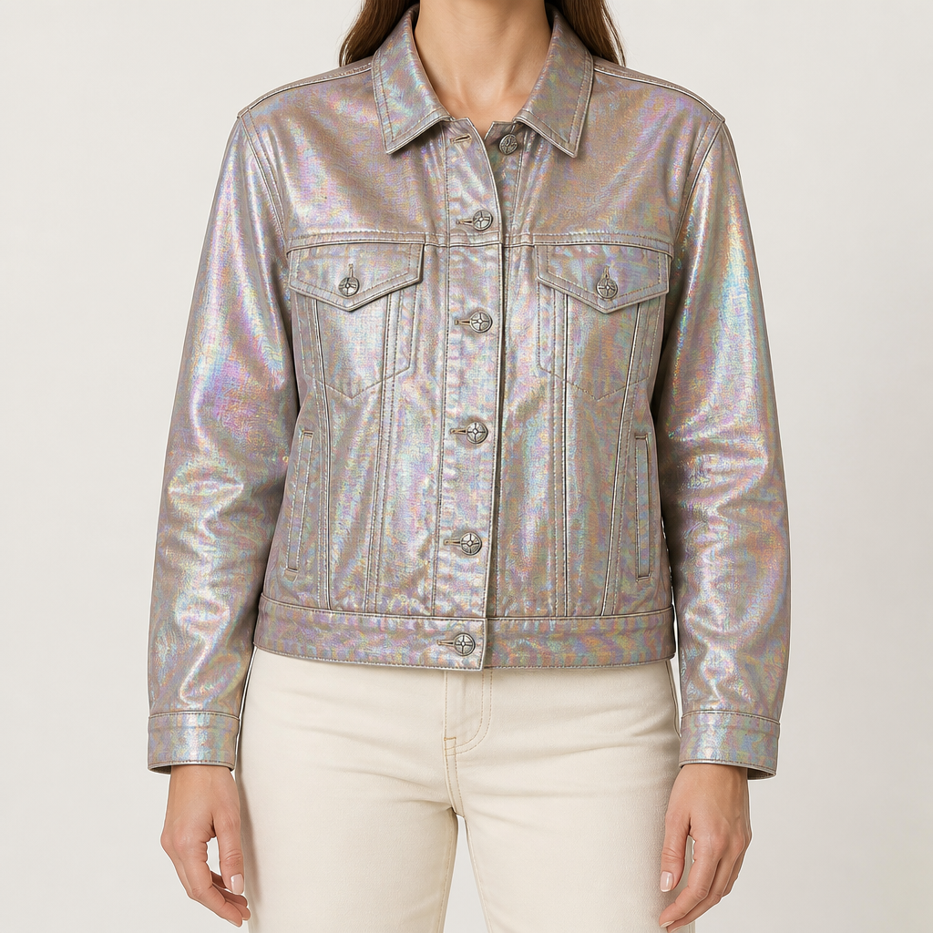 Primrose | Womens Embellished Oversized Denim Jacket, Iridescent Pink